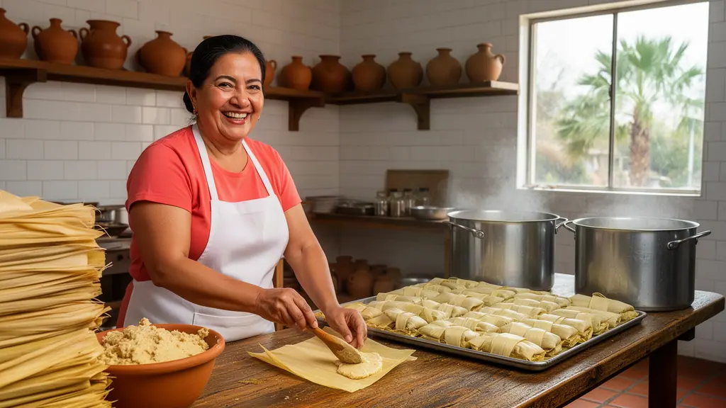 A smiling woman spreading masa on corn husks at a long table with trays of tamales and steaming pots.